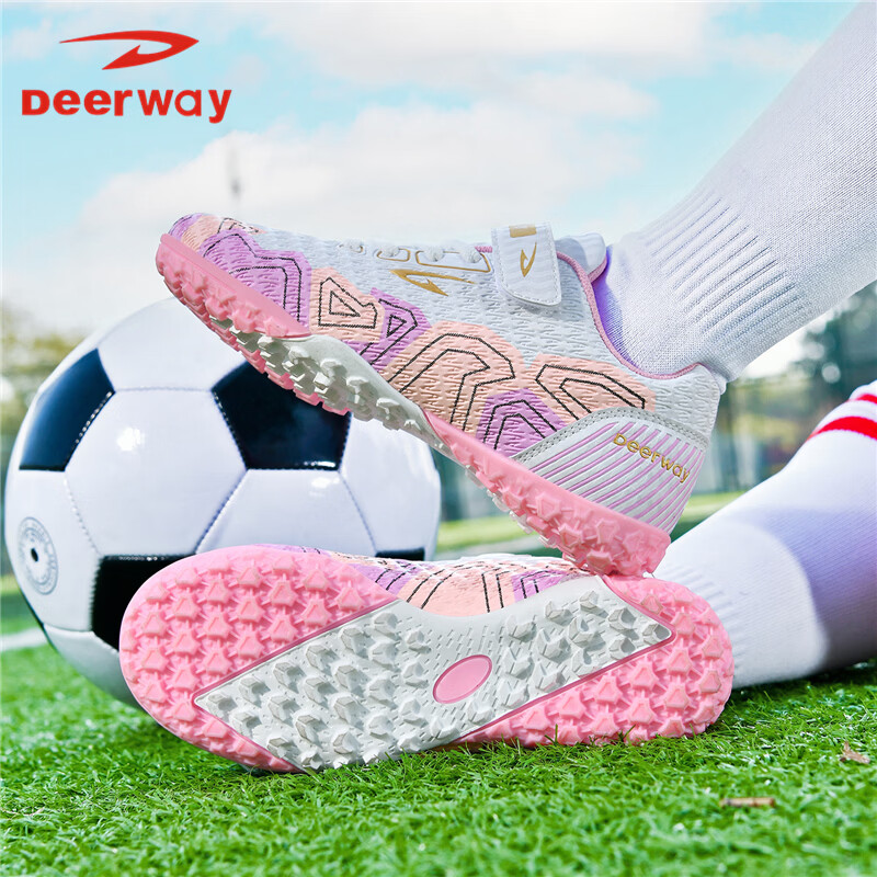 DEERWAY TF Studded Kids Soccer Shoes Boys Girls 6-12 Years Breathable Cushioning Training Match Shoes White Pink Size 30