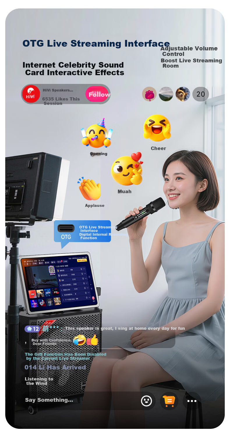 HiVi Home KTV Sound System Outdoor Square Dance Speaker with Display Screen Karaoke Machine Built-in Sound Card Portable High Power TS26 8