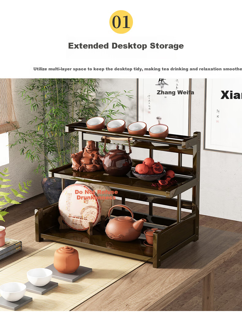 Wo Jia Tea Set Storage Rack Desktop Small Antique Display Shelf Tea Table Tea Cabinet Tea Rack Tea Leaf and Tea Cup Holder Organizer 5