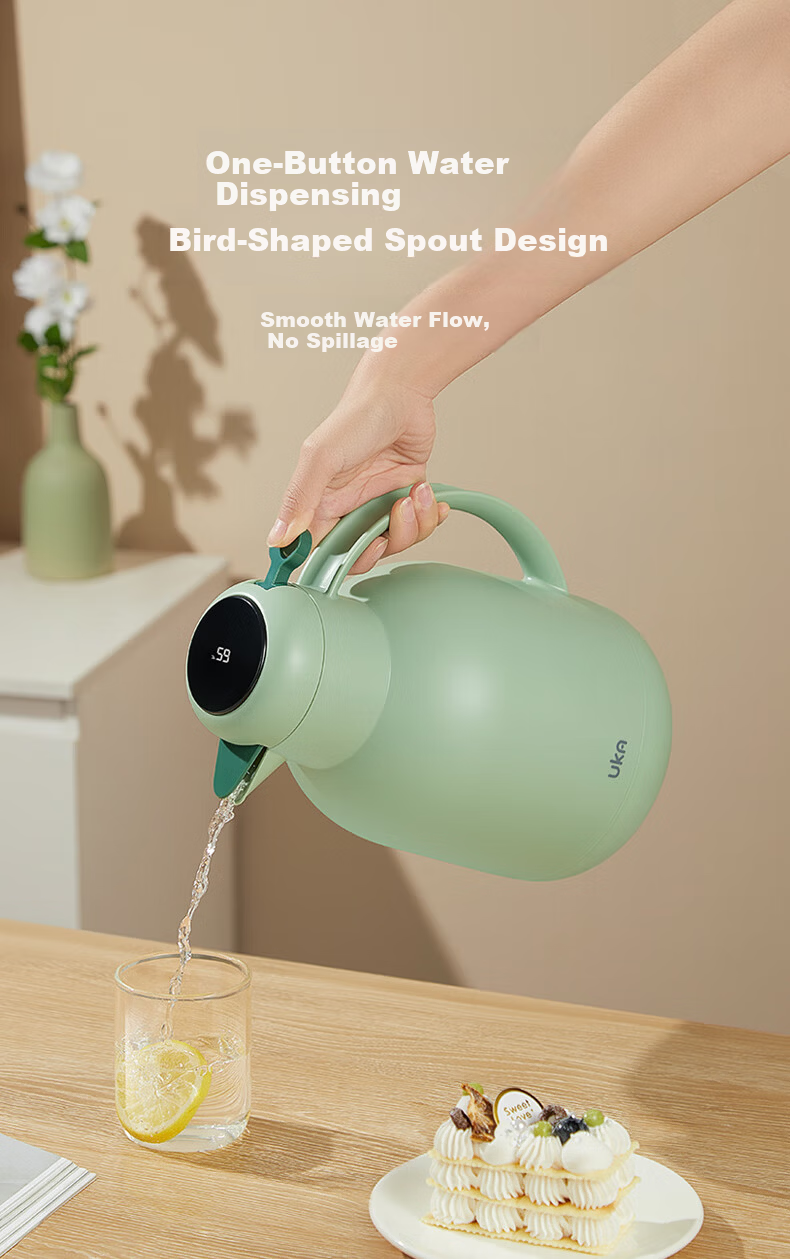 UKA Insulated Thermos Flask Household Large Capacity Glass Liner Kettle Student Dormitory Hot Water Bottle Warmer White Temperature Display 2.0L 12