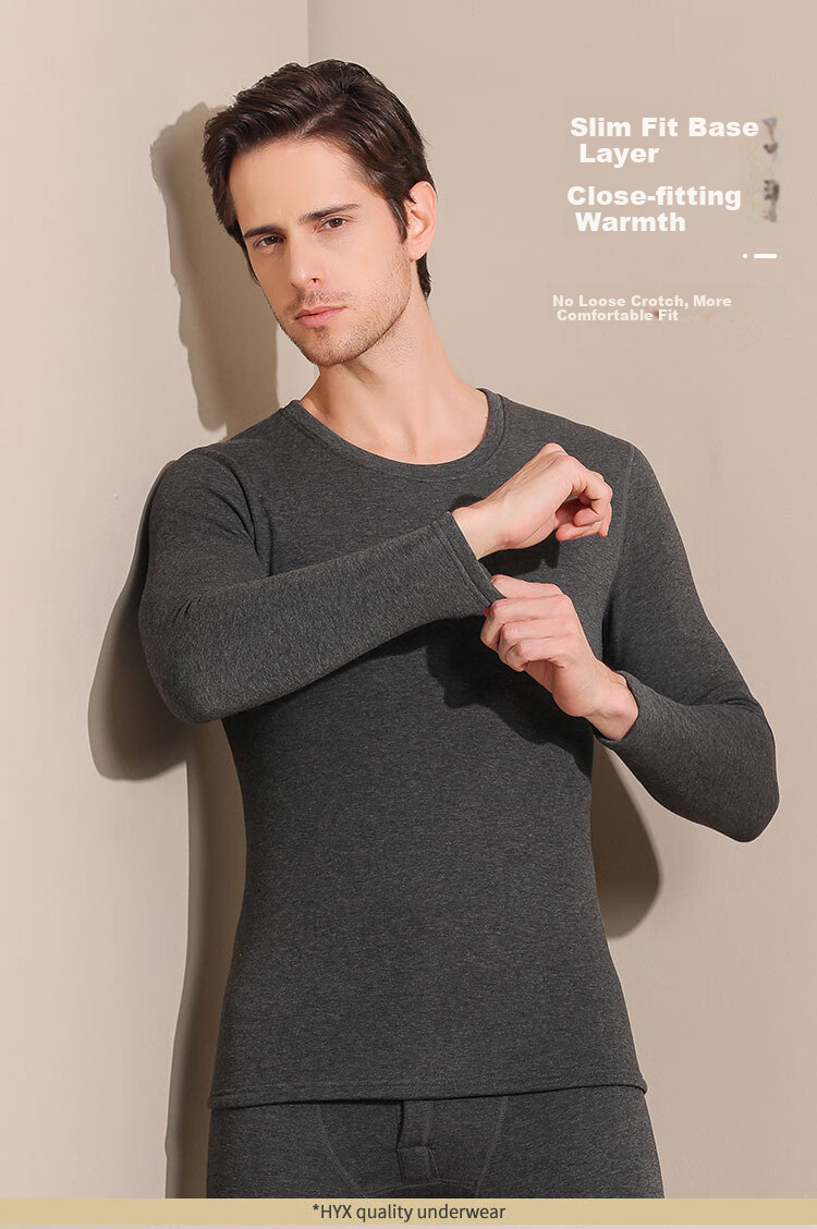 Hengyuanxiang [Hot Sale 50,000 Sets] Men's Thermal Underwear Set Cashmere Goat Velvet Thickened Autumn Winter Crew Neck Top and Bottom Dark Gray 8
