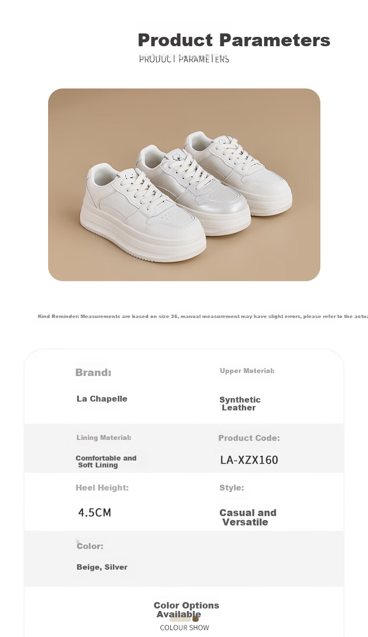 La Chapelle Women's Thick Sole Height Increasing White Sports Casual Sneakers Beige Size 39 1