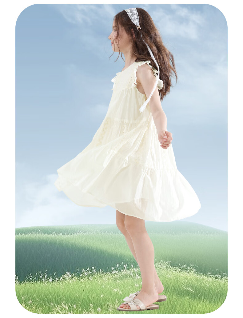 Disney Girls' Tencel Dress Summer New Princess Dress Big Kids Long Dress EQ095 Off-White 160 7