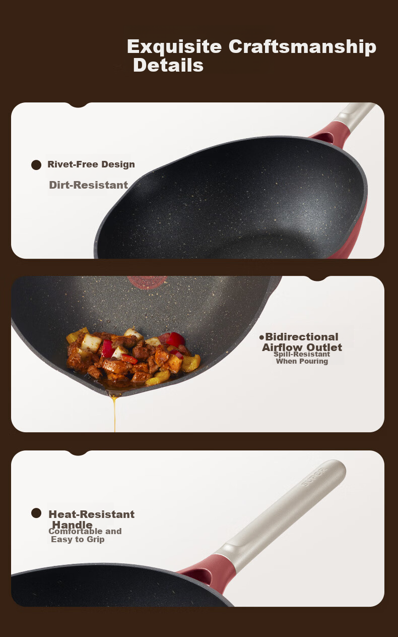 SUPOR Titanium Non-Stick Wok, National Standard Grade 1, 8x Wear-Resistant, Compatible with Induction and Gas Stoves, 30cm 14