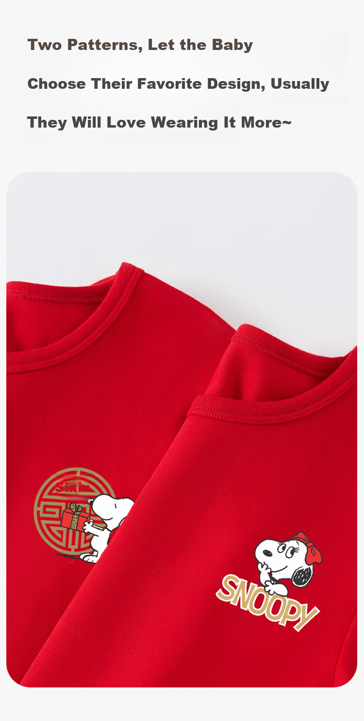SNOOPY Kids Thermal Underwear Set Boys Girls Sleepwear Autumn Winter Red Cotton Fleece 8