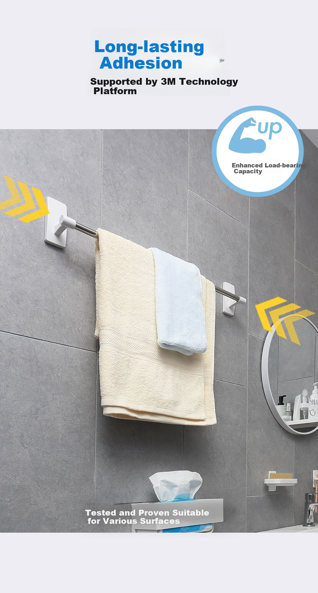 3M Towel Rack Bathroom Towel Bar No-Drill Wall-Mounted Single Rod Storage Rack Slipper Holder 3