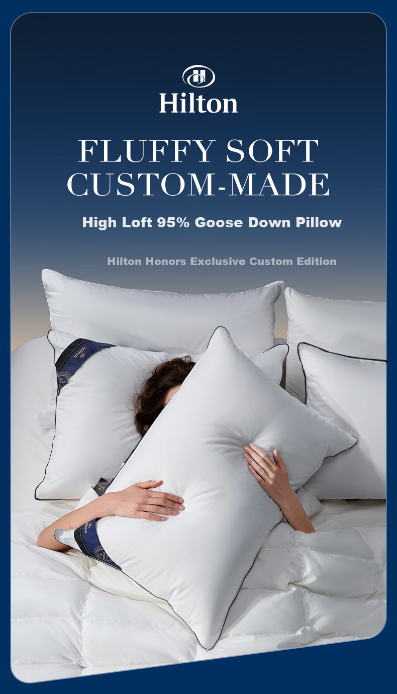 Hilton 95% White Goose Down Pillow Hotel Grade 100-Thread Count Class A Down Pillow Single 48x74cm High Loft 1