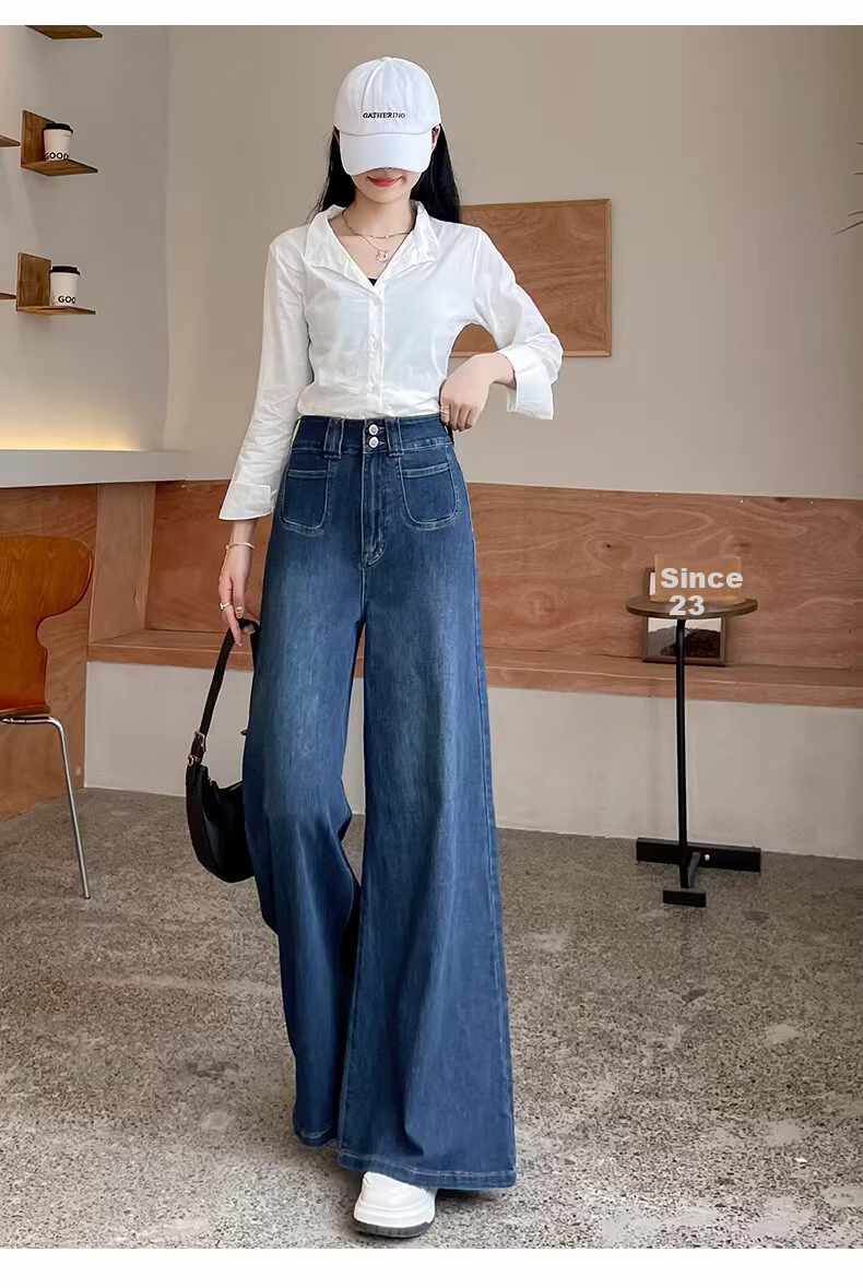 Langsha Women's Jeans 2026 New Retro High-Waist Wide-Leg Pants Slimming Double-Button Straight Micro-Flare Trousers for Petite 14