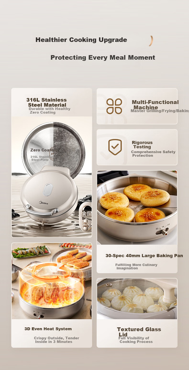 Midea Electric Griddle, Small Steel Cannon 0 Coating 316L Stainless Steel Pancake Maker, Home Use 40mm Extra Deep Double-Sided Heating, Crepe Pan, Grill Pan, Pancake Cooker, Breakfast Machine, Electric Frying Pan S1 6