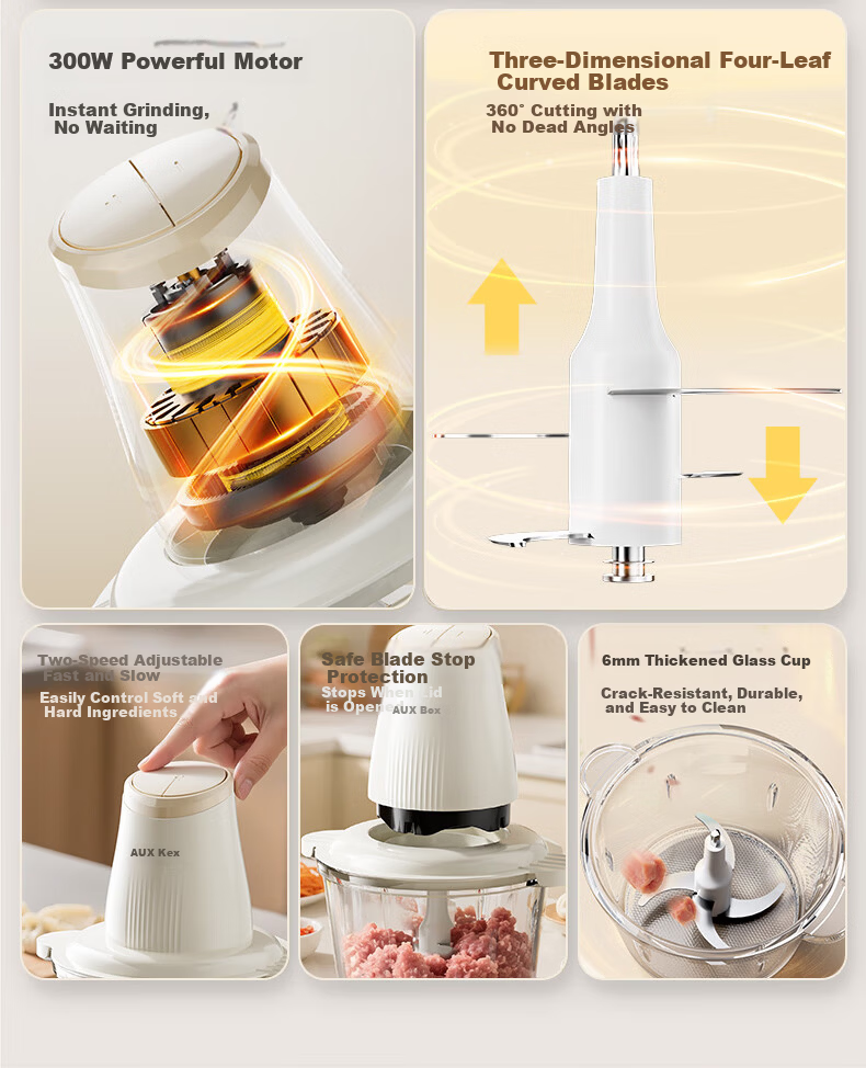 AUX AJR-18AZX-117 White Electric Multifunctional Household Meat Grinder Stainless Steel Meat Mincer Garlic Paste Machine Dual Blades 6