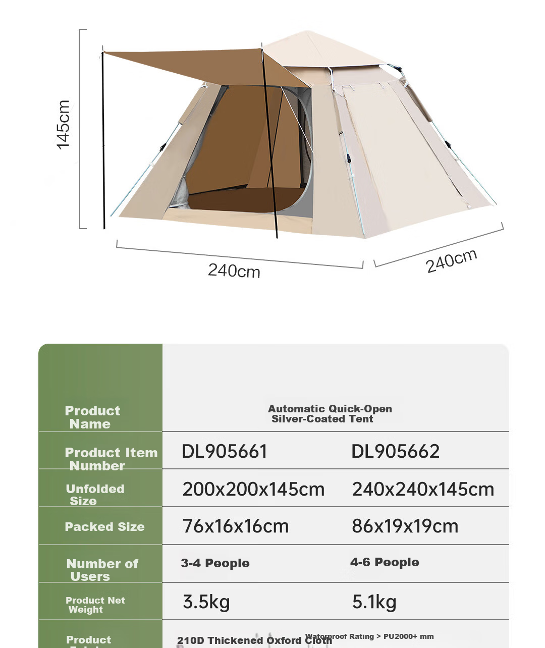 Deli Outdoor Camping Picnic Portable Blackout Tent Sunshade Rainproof Foldable Canopy 17