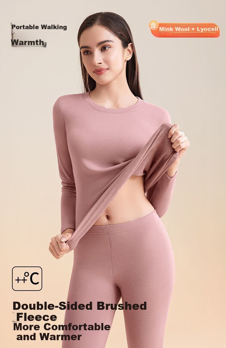 GUJIN Double-Sided Fleece Lined Mink Cashmere and Lyocell Thermal Underwear Set for Women Thickened Autumn Winter Heat Retaining Base Layer Top and Bottom 3