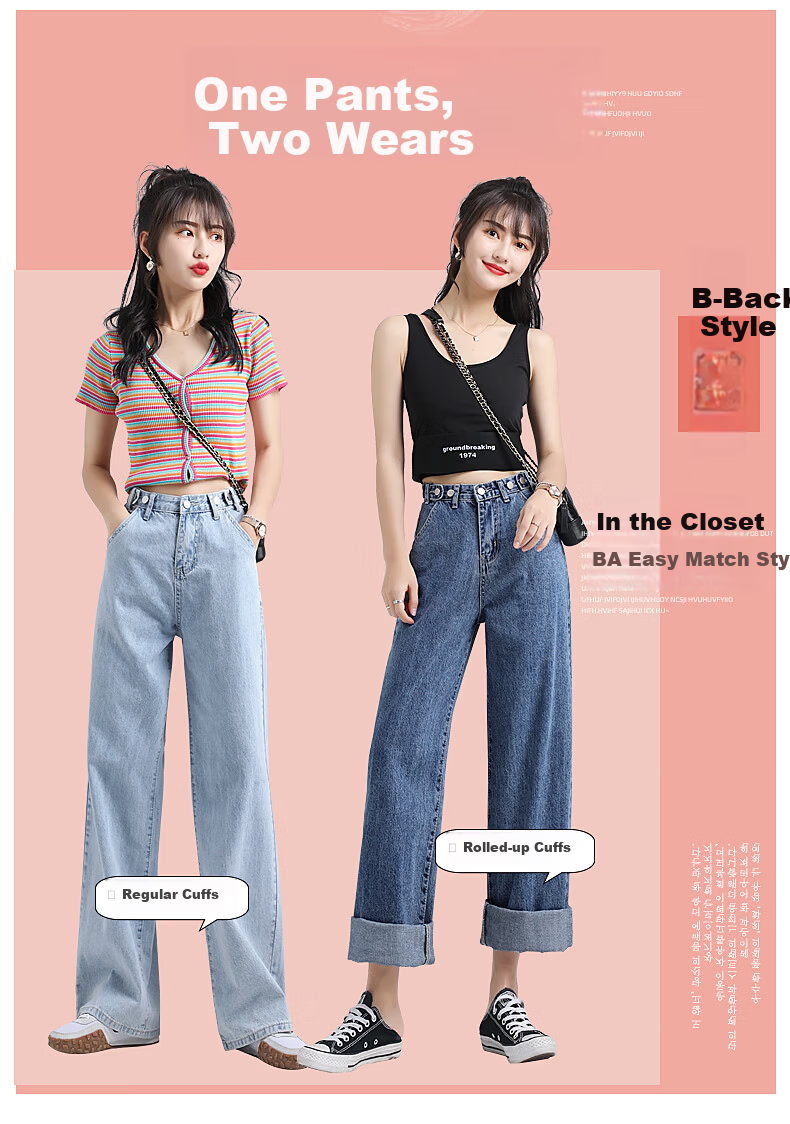 Jeanswest Women's Summer Thin High-Waist Wide-Leg Slim Straight-Leg Light Blue Jeans S 2