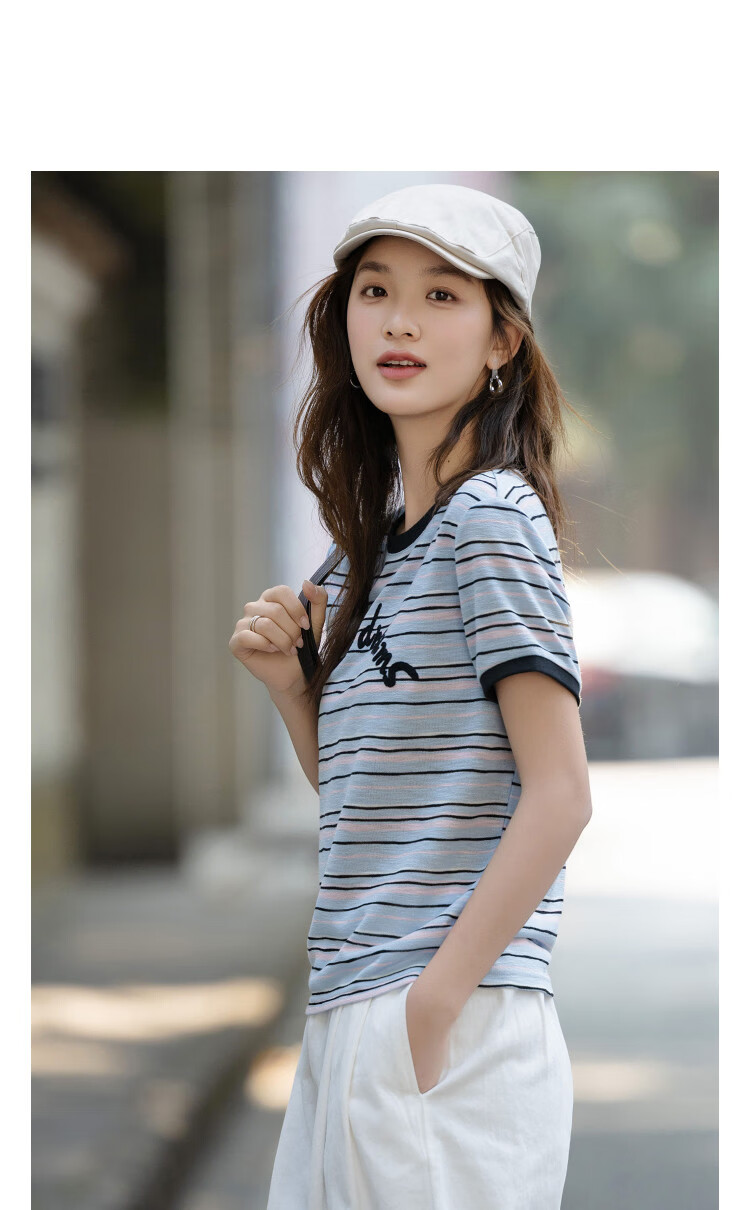 Demana American Casual Summer Retro Color-Block Embroidered Letter Striped Slim Fit T-Shirt for Women 14
