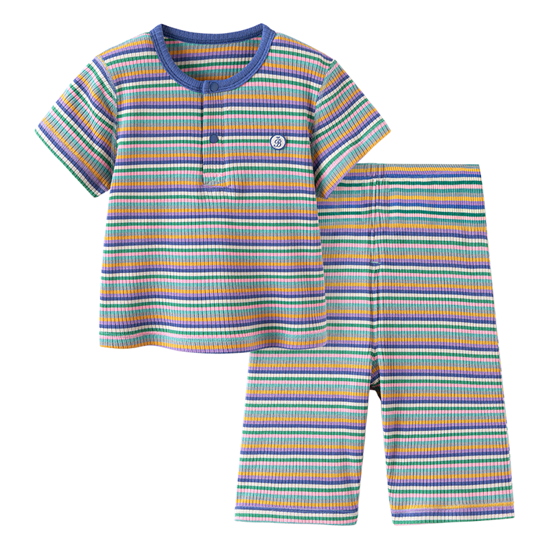 Babylove Baby Homewear Set Summer Thin Breathable Modal Air Conditioning Short Sleeve Nine-Point Pants Striped Summer Outfit