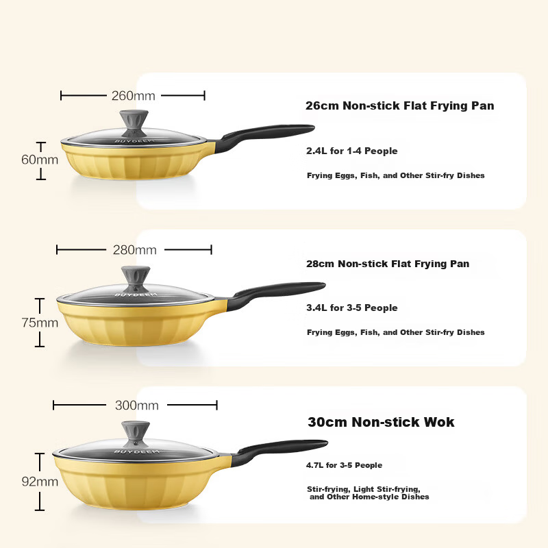 Buydeem Non-Stick Frying Pan Grill Skillet Induction Gas Stove Cooking Pan 26cm Light Yellow