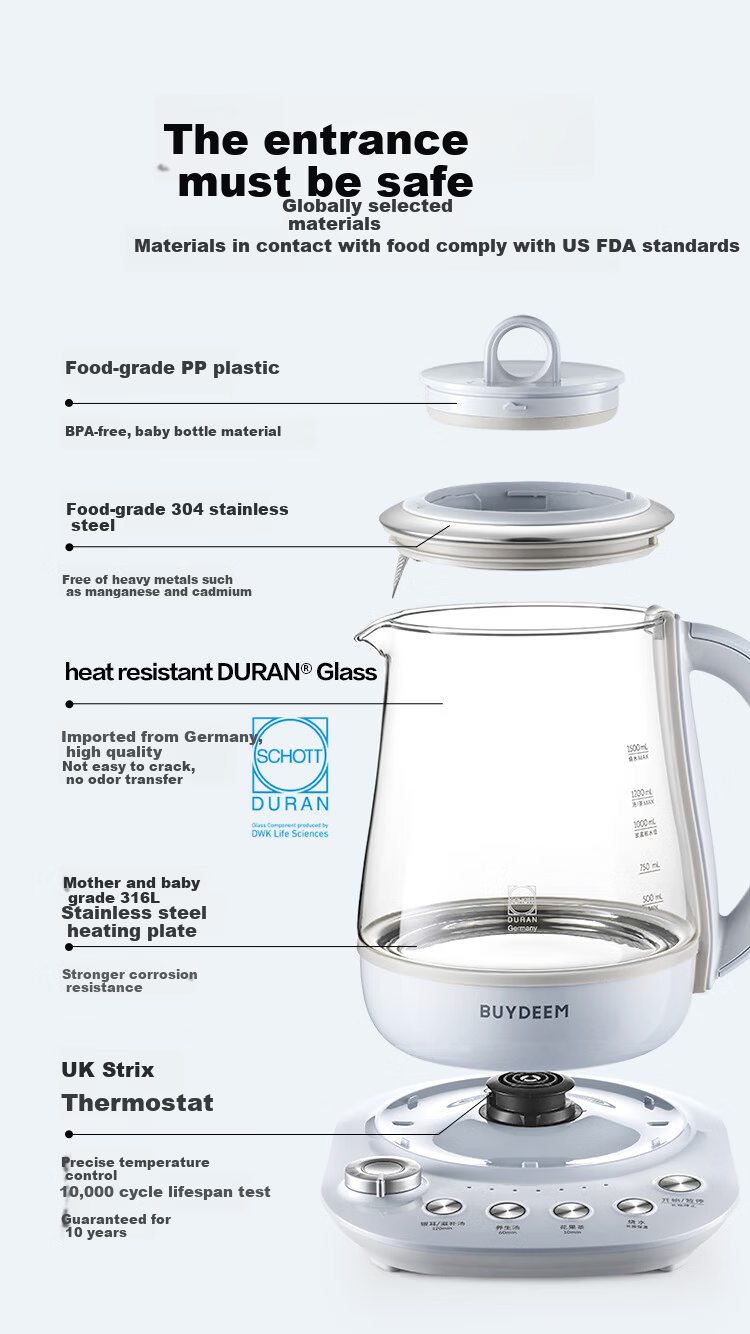 Buydeem Health Pot Electric Kettle Tea Maker Herbal Medicine Kettle Black Tea Stewing Glass Flower Tea Pot K159T Baby Blue with Glass Stewing Pot 11