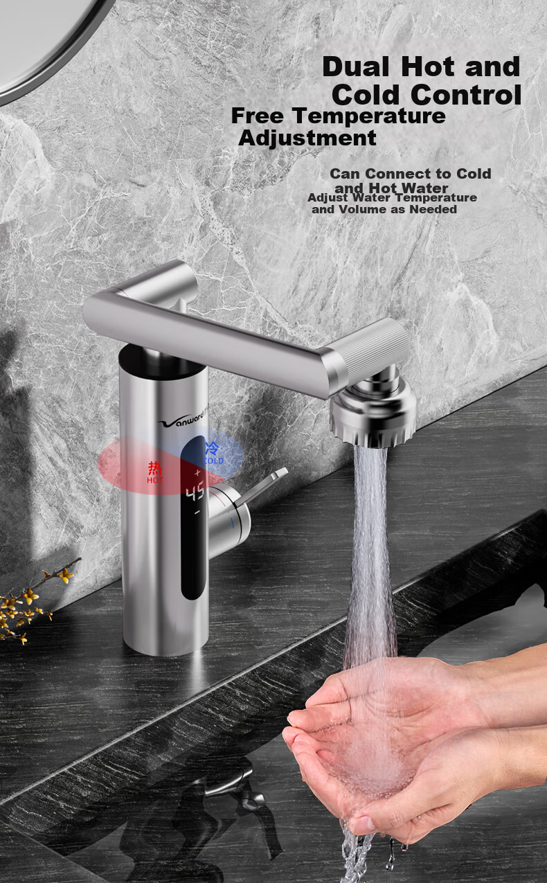 Vanward Instant Electric Water Heater Faucet Stainless Steel Variable Frequency Constant Temperature Rapid Heating Faucet Heater Hot and Cold Digital Display Bathroom Kitchen Small Kitchen Treasure El 13