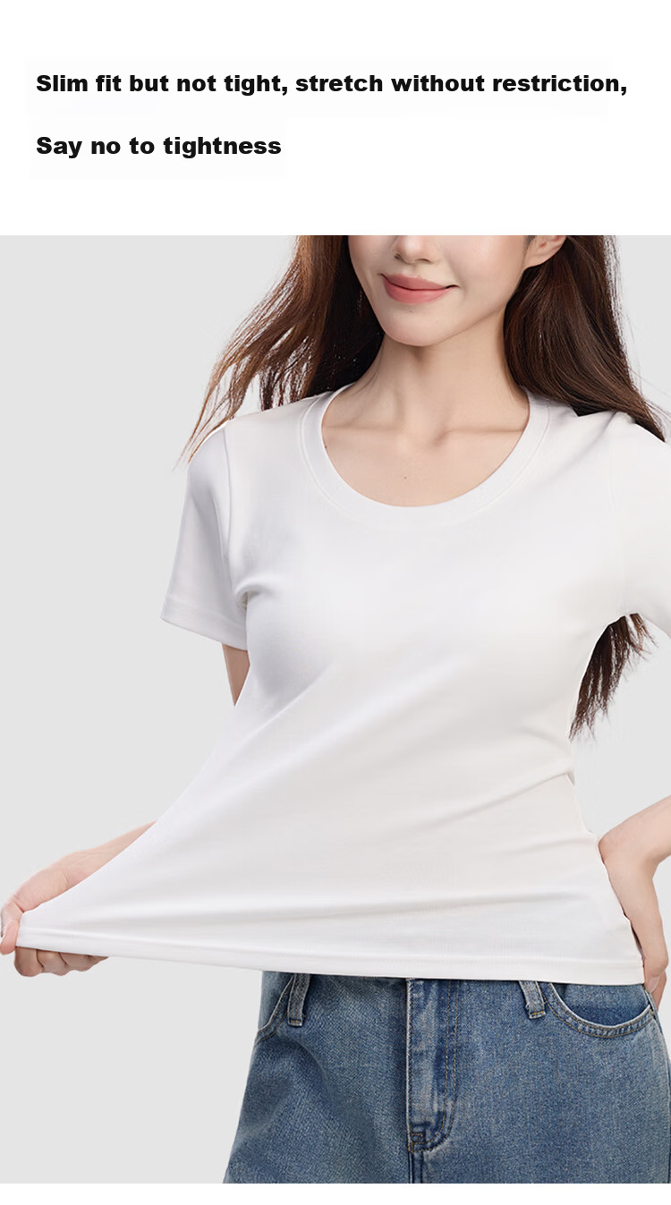 Ordifen 10A Antibacterial Women's Base Shirt 91% Cotton Regular Shoulder Crew Neck Short Sleeve T-Shirt Spring Summer Casual Slim Fit Gray XL 7