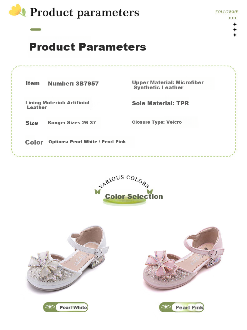 Follow Me Girls' Sweet Bow Rhinestone Princess Shoes, Fashionable Soft-Soled Crystal Shoes, Flats, Pearl Pink, Size 35 3