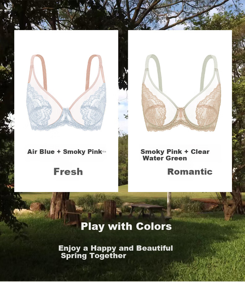 Xia [City Love] New Color Large Bust Minimizing Full Coverage Lace Bra Air Blue with Smoky Pink 75B 4
