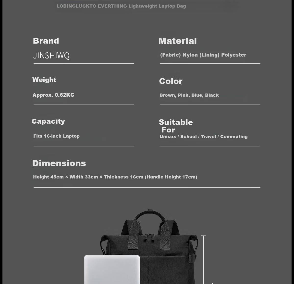 JINSHIWQ 16-inch Laptop Backpack Lightweight Stylish Commuter Bag for Men and Women Business Travel Handheld College Student Backpack 20