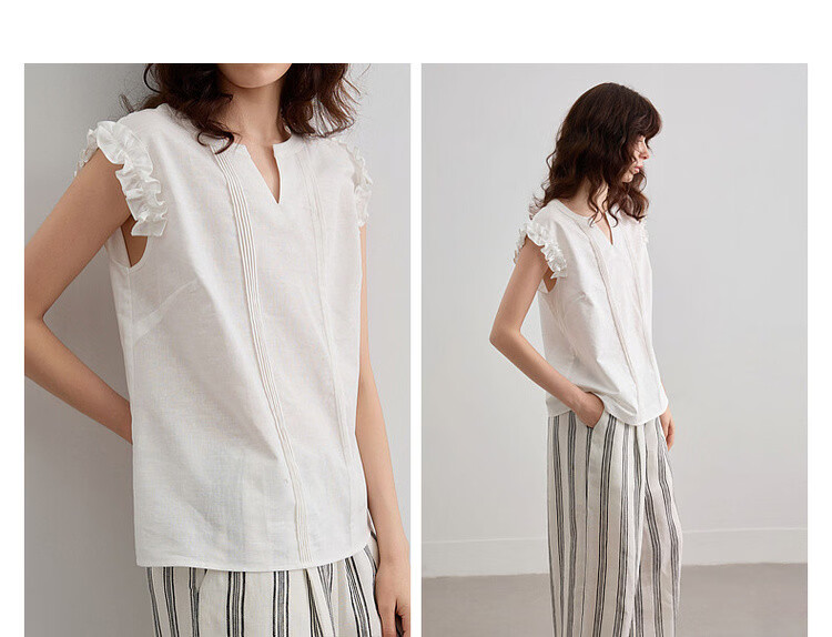 Demana [With Linen Cotton] Summer Elegant Commuter V-Neck Ruffled Loose Blouse for Women 8