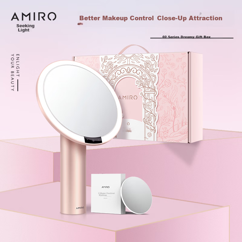 AMIRO O2 Makeup Mirror Set with Light Desktop Vanity Mirror Gift Box LED Smart HD Dressing Mirror Birthday Gift for Women High-End Misty Pink