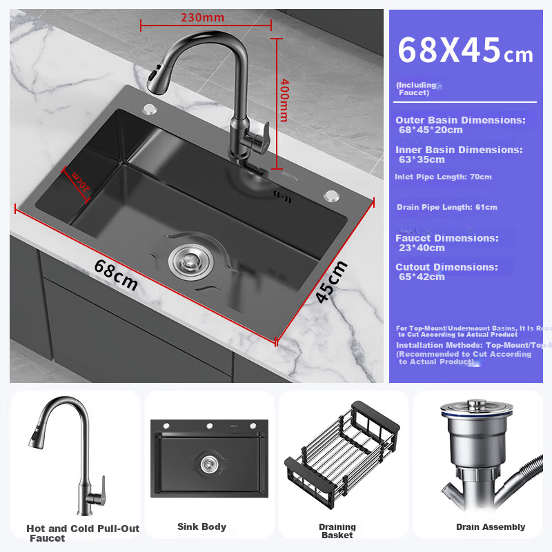 BSITN Kitchen Single Bowl Integrated Undermount Thickened Stainless Steel Nano Sink with Faucet BS009