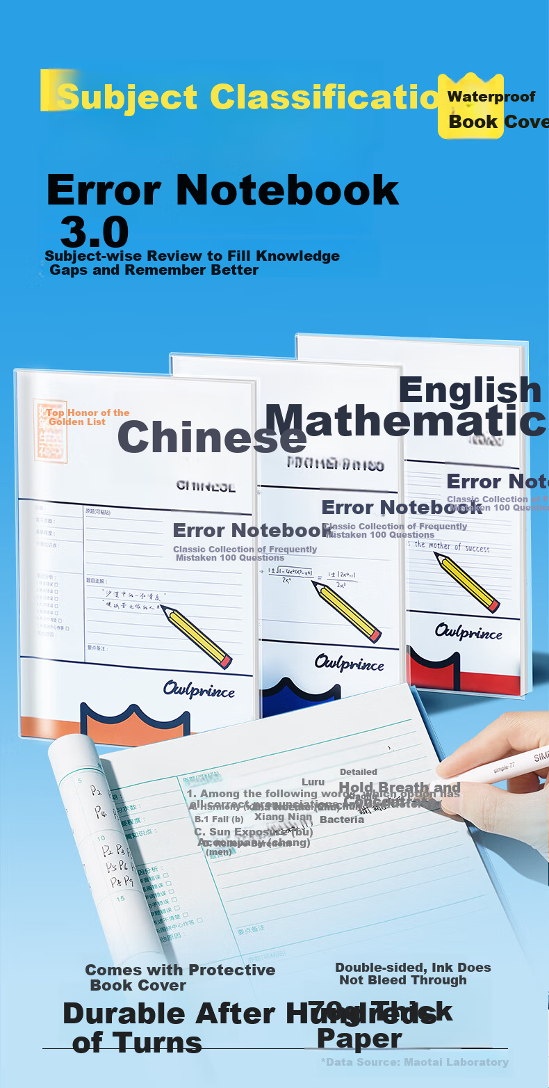 Cat Prince Error Correction Book Set Protective Cover Mistake Correction Notebook Thickened Complete Subject Notes Math Error Correction Practice Book for Elementary to High School Students 1
