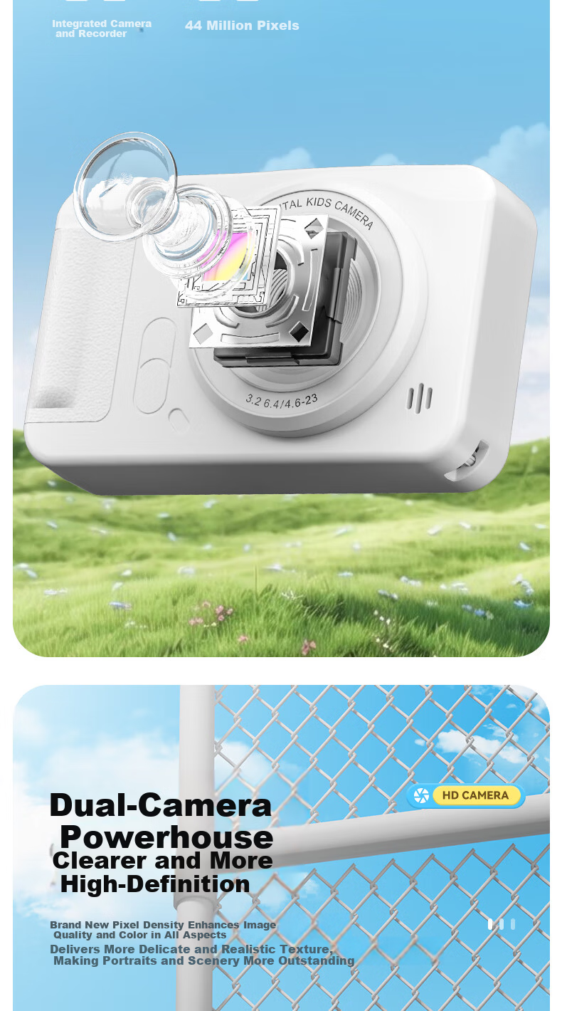 AIBOLAI ABLA2 Digital Camera CMOS Lightweight Portable HD Dual Lens Card Camera Cartoon Kids Sticker Pink Package 4 3