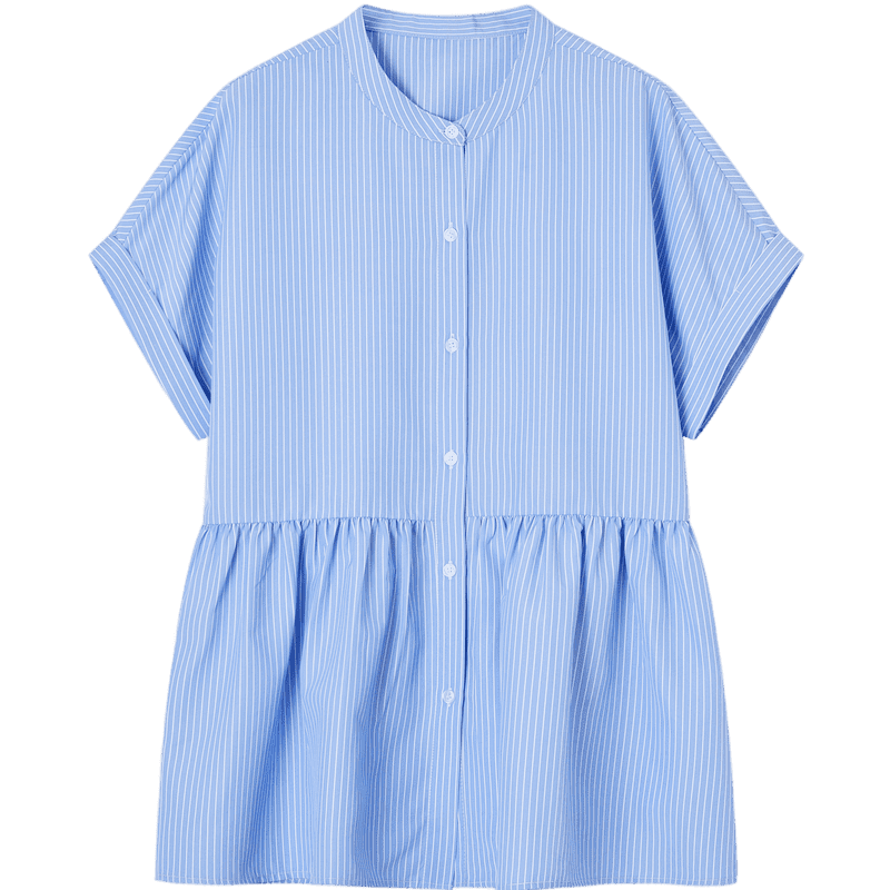 Demana Commuter Aesthetics Summer Refreshing Color-Block Striped Stand Collar Loose Fit Short Sleeve Shirt Women's Top