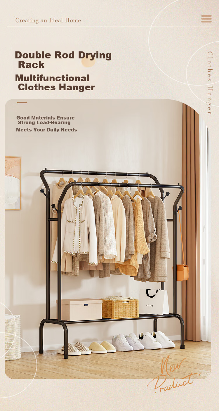 Colorful Life Floor Standing Coat Rack Double Pole Hanger Bedroom Living Room Movable Clothes Storage Rack 1100-BK2 1