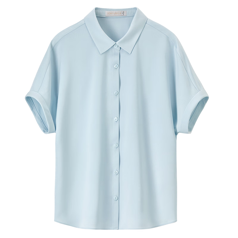 Sentubila Short-Sleeve Chiffon Blouse for Women, Summer Casual Commute Professional Shirt, Versatile Slimming Top, Blue, M