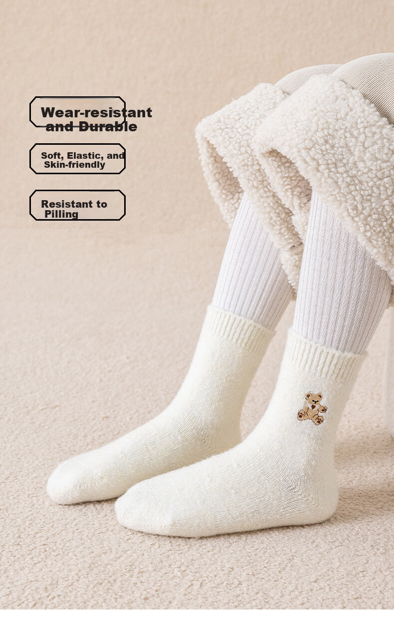 MiiOW 3 Pairs Kids Socks Autumn Winter Thickened Fleece Boys Korean Style Cartoon Bear Mid-Calf Girls Socks 1