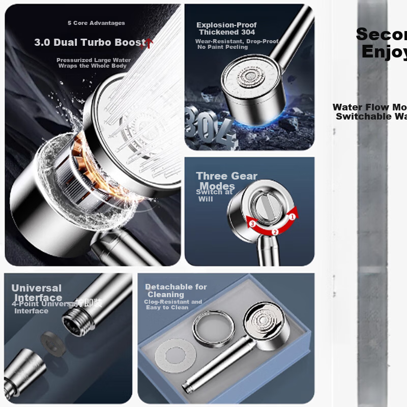 Del 28-Year Brand 304 Stainless Steel Pressurized Shower Head Single Handheld Shower 1305