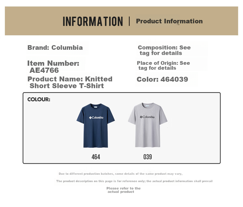 Columbia Men's T-Shirt 26 Spring Summer Outdoor Casual Sports Comfortable Cotton Breathable Short Sleeve AE4766 464 M 1