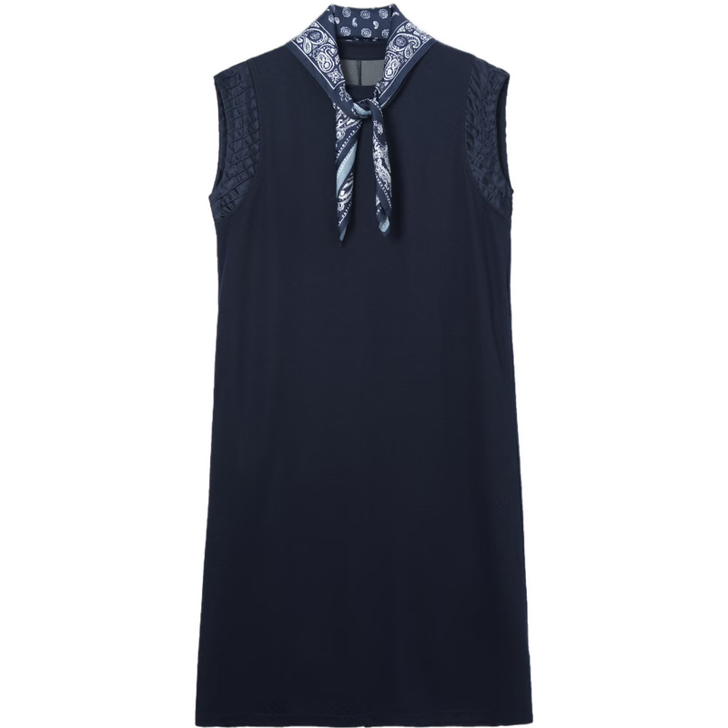 Demana Silent Breath Summer Elegant Urban Sleeveless Mid-Length Dress with Scarf and Pleated Round Neck Splicing