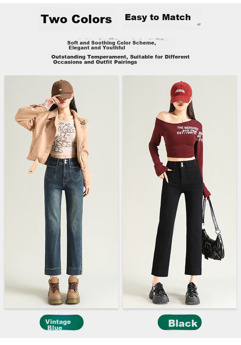 LangSha Women's Straight-Leg Jeans Spring and Autumn Thin High-Waist Slim Fit Petite Casual Wide-Leg Cigarette Pants 15