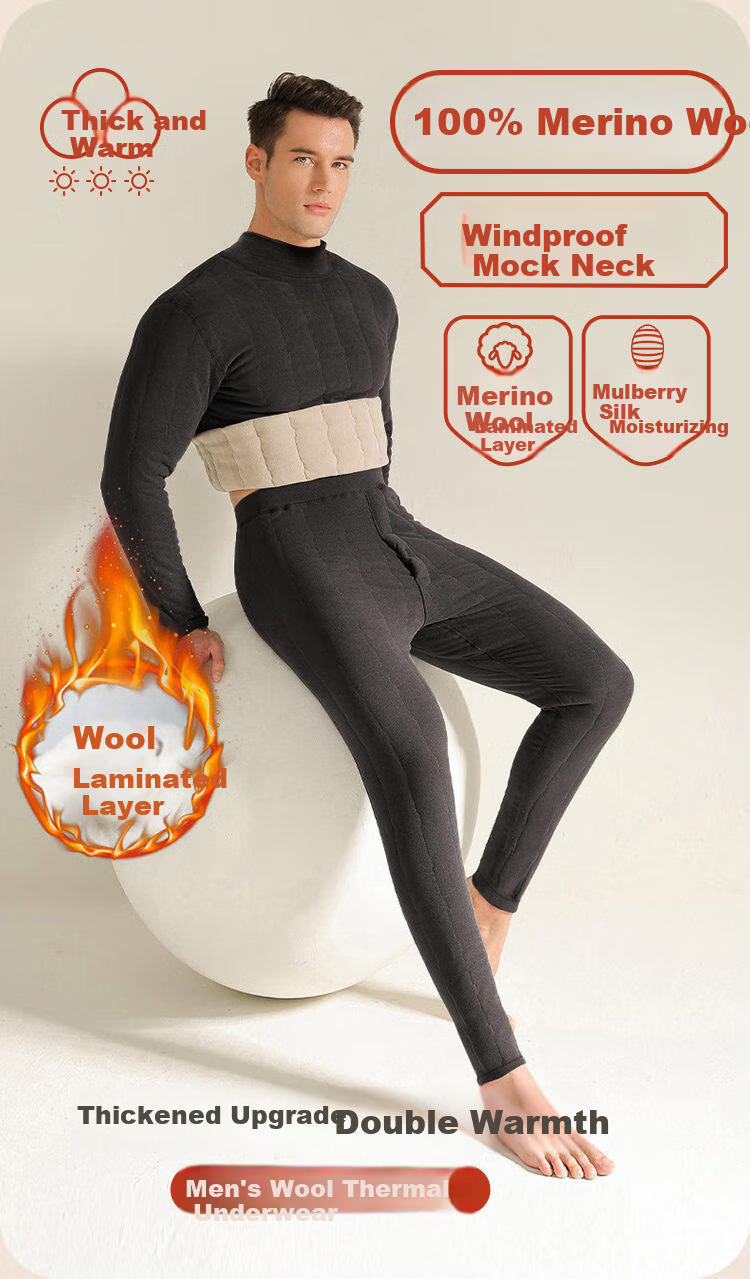 LangSha Thermal Underwear Extra Thick Plus Size Fleece-Lined Men's Wool Cold-Resistant Mid-Neck Thickened Warm Autumn Shirt and Pants Set Winter 3