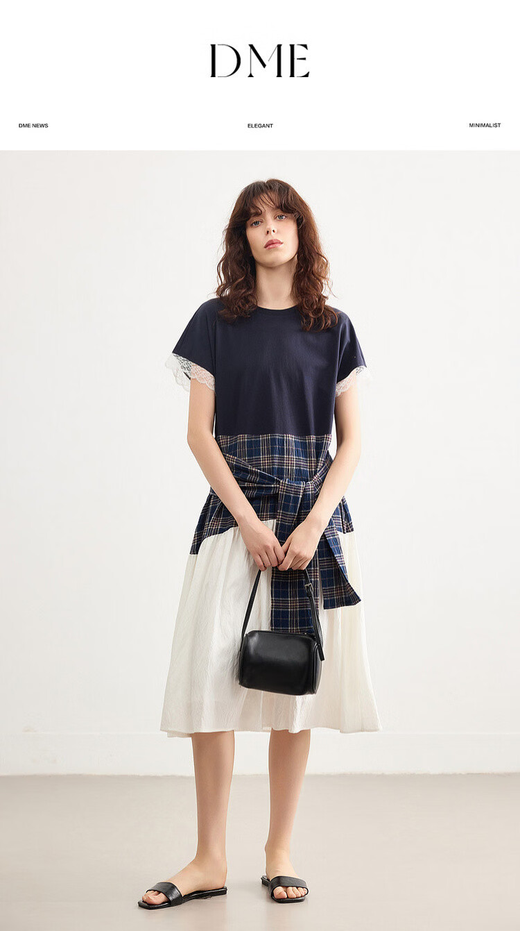 Demana Soft Cloud Oxygen Cotton Summer Korean Style Plaid Patchwork Lace Trim Elegant A-Line Mid-Length Dress for Women 1