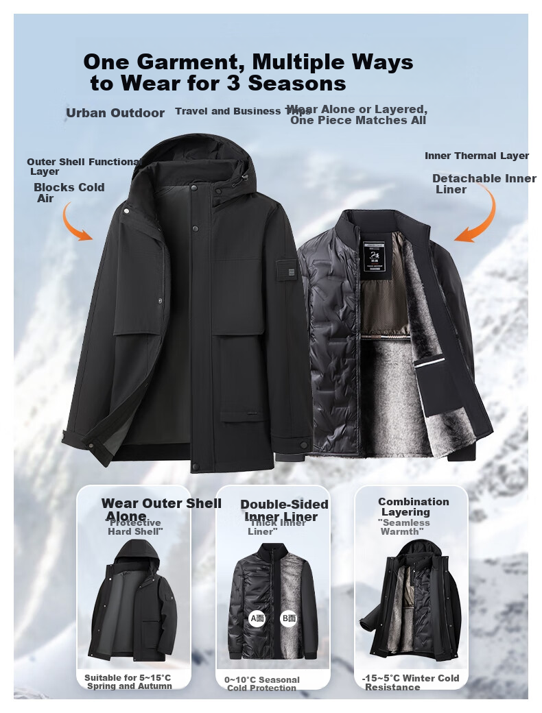 SHANSHAN 90 Goose Down Jacket Men Winter Three-in-One Casual Thick Warm Detachable Hooded Dad Coat 6