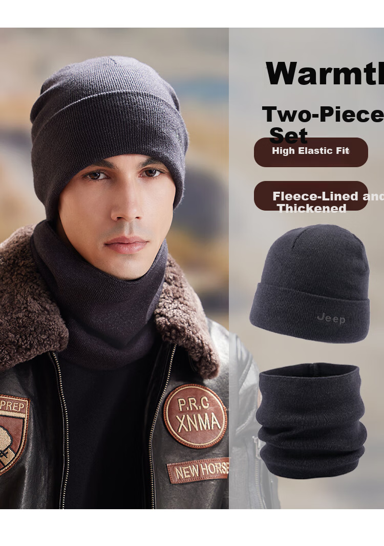 JEEP Men's Autumn Winter Knitted Hat Fleece Lined Warm Neck Warmer Thickened Woolen Beanie Ear Protection Cold Resistant Hat Black 2