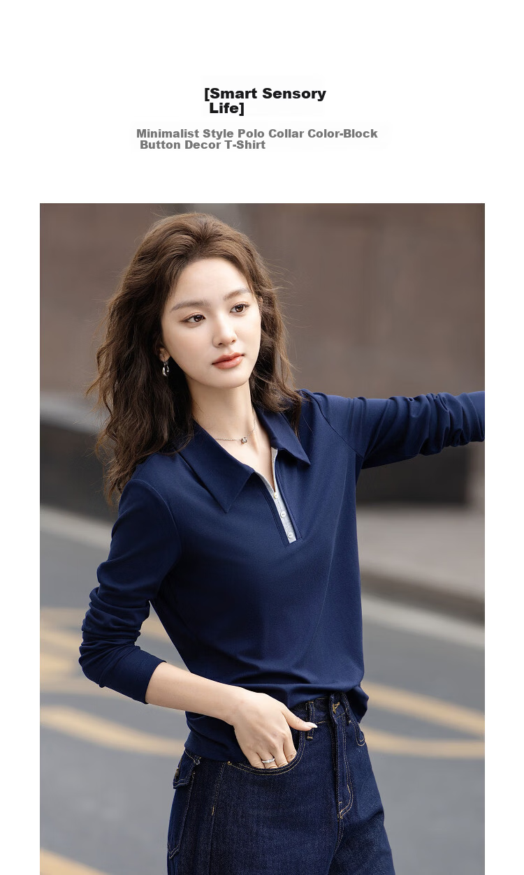 Demana [Smart Life] Autumn Simple Style Contrast Color Button Decor Slim Fit Petite T-Shirt for Women Premium Feel 2