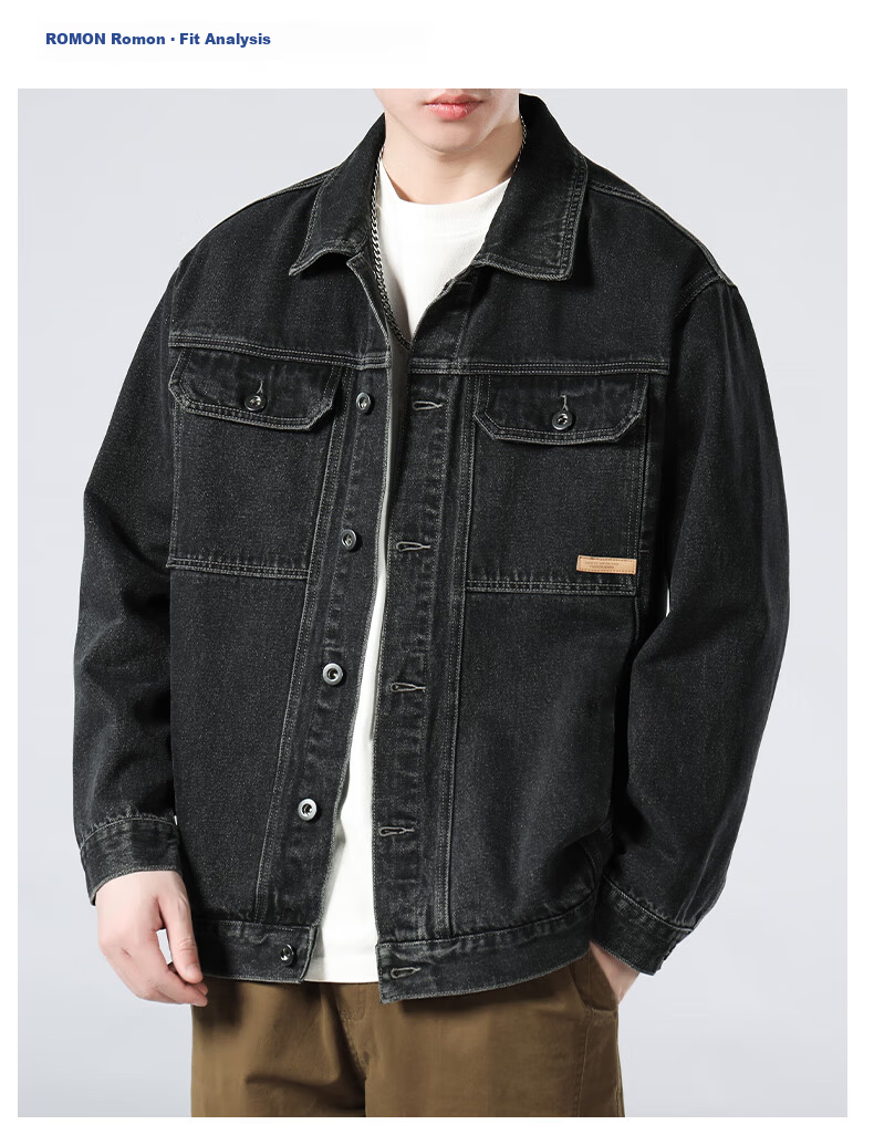 ROMON [Workwear Retro] Men's Jacket, Summer Turn-Down Collar, Loose-Fitting Trendy American Casual Denim Coat, Black And Gray, Size L 5