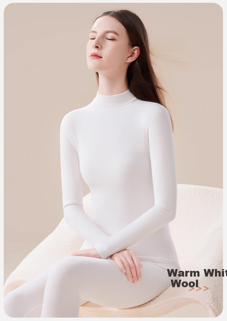 Tingmei 10A Antibacterial Thermal Underwear Women's Fleece Thickened Heating Cashmere Silk Half Turtleneck Autumn Top and Bottom Set Winter 7