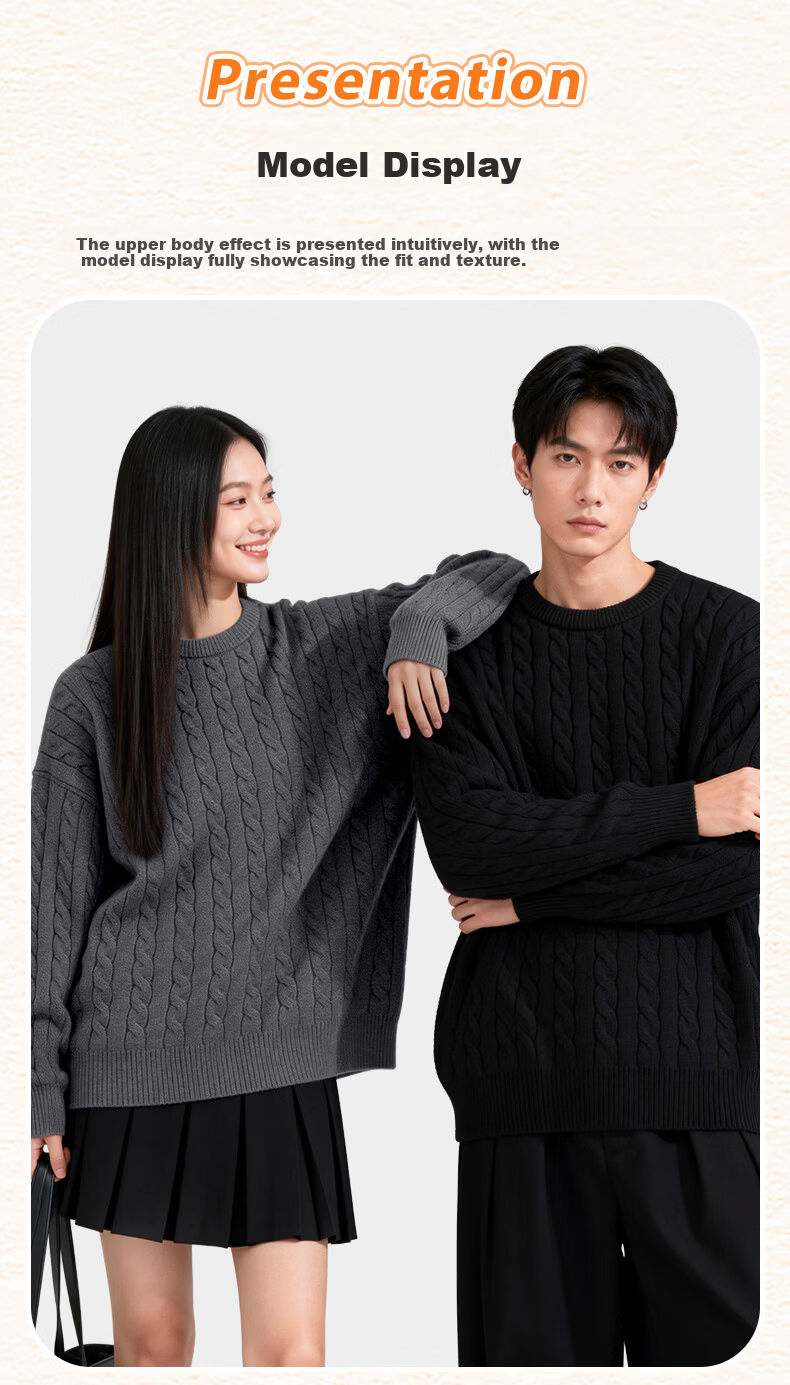 MINISO Men's Round Neck Cable Knit Sweater Autumn Winter Warm Anti-Cold Casual Couple Pullover Black 3XL 15