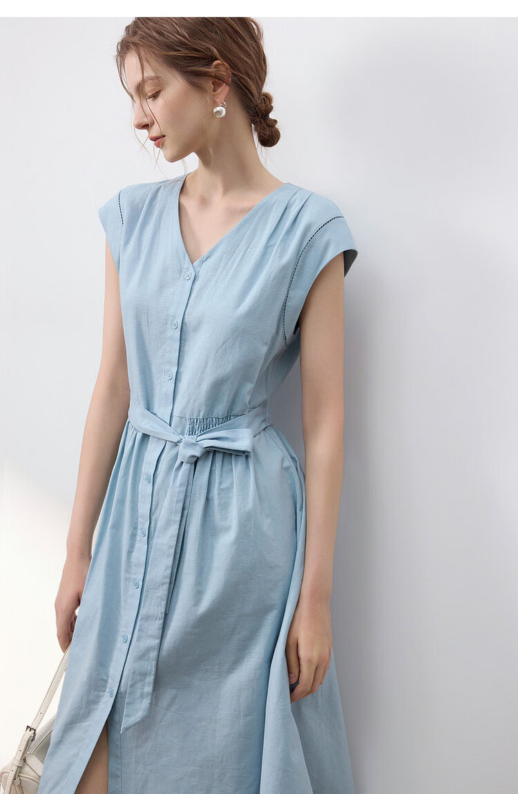 Demana [With Linen Cotton] Summer Commuter Style Lace Splice Cap Sleeve V-Neck Waist Cinched A-Line Mid-Length Dress for Women 15