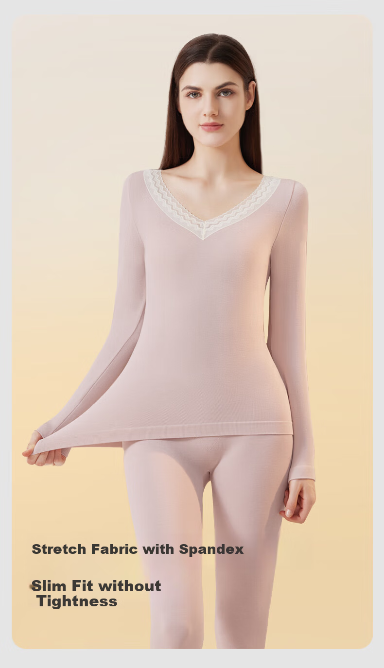 GUJIN Women's Thermal Underwear Set Thin Autumn Top and Bottom with Merino Wool Slim Fit Lace White 9