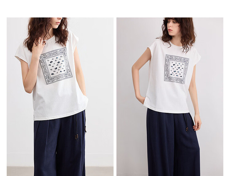 Demana [Cool Sorona] Summer Retro Print Crew Neck Short Sleeve Loose Casual Simple Versatile Women's T-Shirt 7